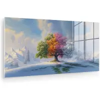 MuchoWow Glasschilderij 120x60 cm - Schilderij acrylglas - Boom - Seizoenen - Winter - Landschap - Foto op glas - Muurdecoratie woonkamer - Wanddecoratie slaapkamer - Schilderijen