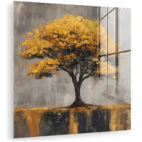 MuchoWow Glasschilderij 20x20 cm - Schilderij acrylglas - Boom - Bladeren - Goud - Abstract - Foto op glas - Muurdecoratie woonkamer - Wanddecoratie slaapkamer - Schilderijen