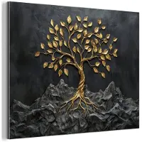 MuchoWow Aluminium schilderij 160x120 cm - Wanddecoratie metaal - Bladeren - Goud - Boom - Rots - Metalen muurdecoratie woonkamer - Decoratie industrieel - Foto op dibond - Industriële accessoires slaapkamer