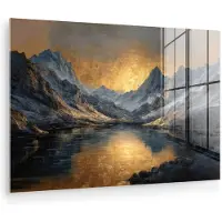 MuchoWow Glasschilderij 150x100 cm - Schilderij acrylglas - Berglandschap met Gouden Zonsondergang - Foto op glas - Muurdecoratie woonkamer - Wanddecoratie slaapkamer - Schilderijen