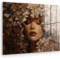 MuchoWow Glasschilderij 160x120 cm - Schilderij acrylglas - Gezicht - Vrouwe - Bladeren - Penseelstreken - Foto op glas - Muurdecoratie woonkamer - Wanddecoratie slaapkamer - Schilderijen