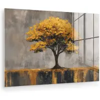 MuchoWow Glasschilderij 90x60 cm - Schilderij acrylglas - Boom - Bladeren - Goud - Abstract - Foto op glas - Muurdecoratie woonkamer - Wanddecoratie slaapkamer - Schilderijen
