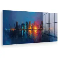 MuchoWow Glasschilderij 80x40 cm - Schilderij acrylglas - Skyline - Penseelstreken - Donkerblauw - Lichtgevend - Foto op glas - Muurdecoratie woonkamer - Wanddecoratie slaapkamer - Schilderijen
