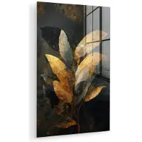 MuchoWow Glasschilderij 120x180 cm - Schilderij acrylglas - Gouden Bladcompositie – Botanische Luxe - Foto op glas - Muurdecoratie woonkamer - Wanddecoratie slaapkamer - Schilderijen