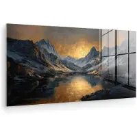 MuchoWow Glasschilderij 120x60 cm - Schilderij acrylglas - Berglandschap met Gouden Zonsondergang - Foto op glas - Muurdecoratie woonkamer - Wanddecoratie slaapkamer - Schilderijen