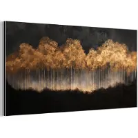 MuchoWow Aluminium schilderij 80x40 cm - Wanddecoratie metaal - Gouden Bomen in Mistig Landschap - Metalen muurdecoratie woonkamer - Decoratie industrieel - Foto op dibond - Industriële accessoires slaapkamer