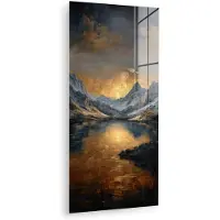 MuchoWow Glasschilderij 40x80 cm - Schilderij acrylglas - Berglandschap met Gouden Zonsondergang - Foto op glas - Muurdecoratie woonkamer - Wanddecoratie slaapkamer - Schilderijen
