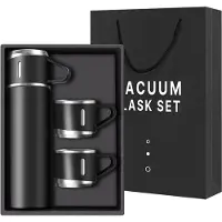 Thermo Roestvrijstalen thermosfles, 500 ml, vacuüm-geïsoleerde fles met beker voor koffie, warme en koude drank, set met 3 bekers (zwart)