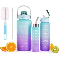 Mini 3 x Drinkfles 2 L + 900 ml + 500 ml met rietje Waterfles Motivatie Tijdmarkering Lekvrij voor sport, buiten, kantoor, fitness, kamperen, yoga - BPA-vrij (Blauw/Paarse kleur)