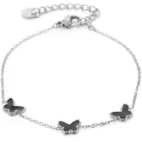 Yehwang armband kleur zilver met 3 zwarte vlinders - stainless steel bracelet with butterfly - waterproof - cadeau moeder dochter