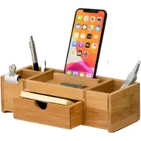 HOUSON Bamboe Bureau-organizer Opbergrek voor op het bureau voor kantoor en thuis, Houten Organizer met Lades, Stationaire Organizer voor Pen, Potlood met Telefoonhouder.