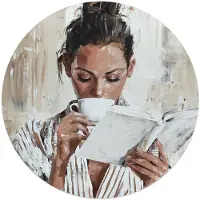 Reinders - Ochtendkoffie met een Boek I - Glasschilderij Ø 50 cm - Beige