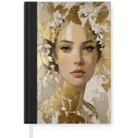MuchoWow Notitieboek - Schrijfboek - Gezicht - Vrouw - Bladeren - Goud - Notitieboekje klein - A5 formaat - Schrijfblok