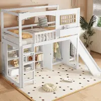 OKWISH Stapelbed 90x200cm - Met Glijbaan En Trap - Met Kledingkast - Met Vierzijdige Valbeveiliging - Hout+MDF - Wit+Lichtbruin - Zonder matras