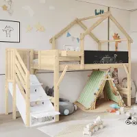 OKWISH Stapelbed 90x200cm - Dak Met Graffiti-Krijtbord - Trap Met 3 Opberglades - Voor Kinderkamer - Hout - Wit+Lichtbruin - Zonder matras