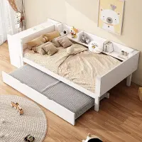 OKWISH Kinderbed 90x200cm - Uittrekbed Met Bureau - 3 Opbergplanken - Met Lattenbodems - Voor Kinderkamer - Grenen;MDF - Wit - Zonder matras