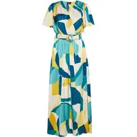 Faina Jurk lichtbeige / navy / aqua / goudgeel