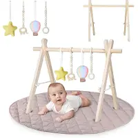 Lionelo Anis Set – baby speelkleed gym - Opvouwbare Houten Baby gym met Zachte Katoenen Speelmat – Montessori Baby Gym met Afneembaar Speelgoed – Veilig & Natuurlijke Materialen – 0+ maanden