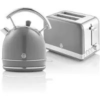 Swan STP7050GRNEU Retro ontbijtset, waterkoker 1,8 liter, draadloos, 2 broodroosters met brede gleuven, vintage grijs