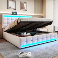 SINGULARITY -Gestoffeerd bed 180x200 Hydraulisch opbergkinderbed met USB en kleurveranderende LED-lichtstrip- beige linnen eenpersoonsbed- zonder matras