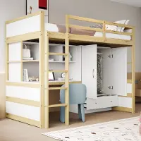 OKWISH Halfhoogslaper 90x200 cm - Met Schrijfhoek En Opbergruimte - Met Ladder - Met Kledingkast En Laden - Hout - Natuurlijk - Zonder Matras