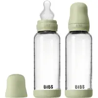 BIBS - Glass Baby Bottle Round Silicone 2 Pack Medium Flow - Sage - 240 ml
