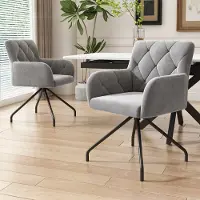OKWISH Eetkamerstoel – Ergonomisch Met Rug- & Armsteun – Set Van 2 – Fluweel – Modern – Lichtgrijs – Metaal Onderstel – Voor Eetkamer & Kantoor
