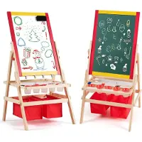Costway 3-in-1 kinderschildersezel, whiteboard & krijtbord & rol tekenpapier, kinderbord dubbelzijdig, staand bord, speelbord, houten bord, incl. 2 opbergdozen en accessoires