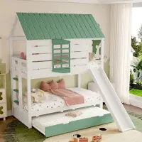 OKWISH Huis Stapelbed 90x200cm - Glijbaan en Uittrekbed - Speelhuis Ontwerp Voor Kinderkamer - Grenen/MDF - Wit+Groen - Zonder matras