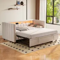 OKWISH Gestoffeerd bed 90x190 cm – Slaapbank met uittrekbaar bed & opbergruimte – LED-sfeerverlichting & USB-Type-C – Voor woonkamer/gasten – Velvet – Beige – Zonder matras