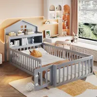 OKWISH Kinderbed 90x200 cm - Huisvormig met Krijtbord Achterwand - met Ingebouwde Opbergrekken - Massief Hout - Grijs - Zonder matras