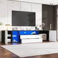 OKWISH TV-Meubel – 180×40×45 cm – 2 Lades 2 Deuren – Met LED-Lichtstrip (App-Bediening) – Hoogglans Voorzijde – Wit+Zwart – Geschikt Voor 75 Inch TV