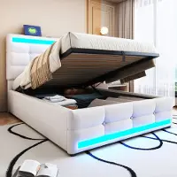 OKWISH Gestoffeerd Bed 90x200 cm - RGB LED Met App-Bediening & USB Laadpoorten - Met Opbergruimte - Linnen Stof - Beige - Zonder matras