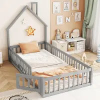 STILVORA Kinderbed 90x200 cm – Huisbed Met Schoorsteenvorm – Veiligheidshek & Lattenbodem (8 Latten) – Vurenhout – Grijs – Zonder matras