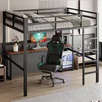 STILVORA Hoogslaper 140x200 cm – Bed met Bureau & Planken – USB- en Type-C-poorten – Veilig Reling met Trap – Metaal – Zwart – Zonder matras