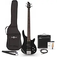 Gear4Music Chicago Bass Guitar Black 15W Bass Amp & Accessory Pack