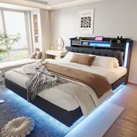 STILVORA Gestoffeerd bed 160x200 cm – Tweepersoonsbed met opbergdeel en USB – LED-sfeerlicht, zwevend design – Voor slaapkamer – Linnen – Zonder matras – Grijs