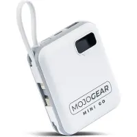 MOJOGEAR MINI GO 10.000 mAh Powerbank met ingebouwde kabels (USB-C en Lightning) - Tot 4 apparaten tegelijk opladen - Broekzakformaat - LED-display - Wit