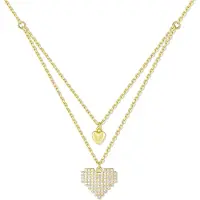 New Bling 9NB-1722 – 925 Zilveren Ketting Dames Dubbel Hart – Gold Plated – Zirkonia – Layered Ketting – Verstelbaar 40+2,5+2,5 cm