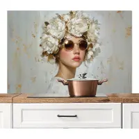 KitchenYeah Spatscherm keuken 120x80 cm - Kookplaat achterwand Schilderij - Vrouw - Zonnebril - Bloemenkrans - Muurbeschermer - Spatwand fornuis - Hoogwaardig aluminium