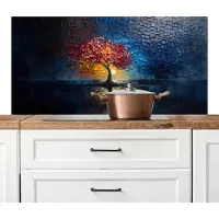 KitchenYeah Spatscherm keuken 120x60 cm - Kookplaat achterwand Boom - Blauw - Bladeren - Vakken - Muurbeschermer - Spatwand fornuis - Hoogwaardig aluminium
