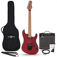 Gear4Music LA Select Modern Electric Guitar Transparent Ruby Red 15W Guitar Amp & Accessory Pack