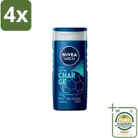 Nivea Men – Douchegel – Ultra Charge – 250 ml - Voordeelverpakking - 4 stuks - Citrusgeur - Houtachtige geur