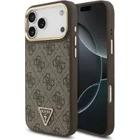 GUESS Classic Triangle Logo Leather Backcover met MagSafe voor de Apple iPhone 17 Pro Max - Bruin