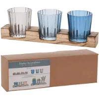 Home & Styling Theelichthouderset Op Houten Plank Blauw blauw Glas Home & Styling