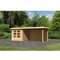 Karibu Tuinhuis Askola 2, in natuurlijke stijl, geleverd als set met een uitbouw, met een breedte van 2,80 meter en een achterwand van 19 mm dik