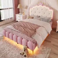 STILVORA Gestoffeerd bed 140x200 cm - Tweepersoons Met prinsessenkroon-ontwerp en met LED-sfeerverlichting - App- en afstandsbediening - PU - Roze - Zonder matras