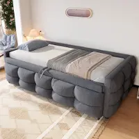 OKWISH Gestoffeerd Bed 90/180x190 cm - Uitklapbaar Slaapbank Met Uittrekbed - Met Lattenbodem - Teddy Fluweel - Zonder matras - Grijs