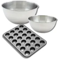 Zenker Set bestaande uit 1 muffinvorm met 24 holtes, 1 spatel en 2 mengkommen van roestvrij staal Fackelmann