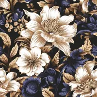 Maki 40 Servetten - Decoratieve Bloemen op een zwarte achtergrond - Goud - Creme - Blauw - Zwart - Cocktail (Klein) Formaat - 25 x 25 cm - 3-Laags -